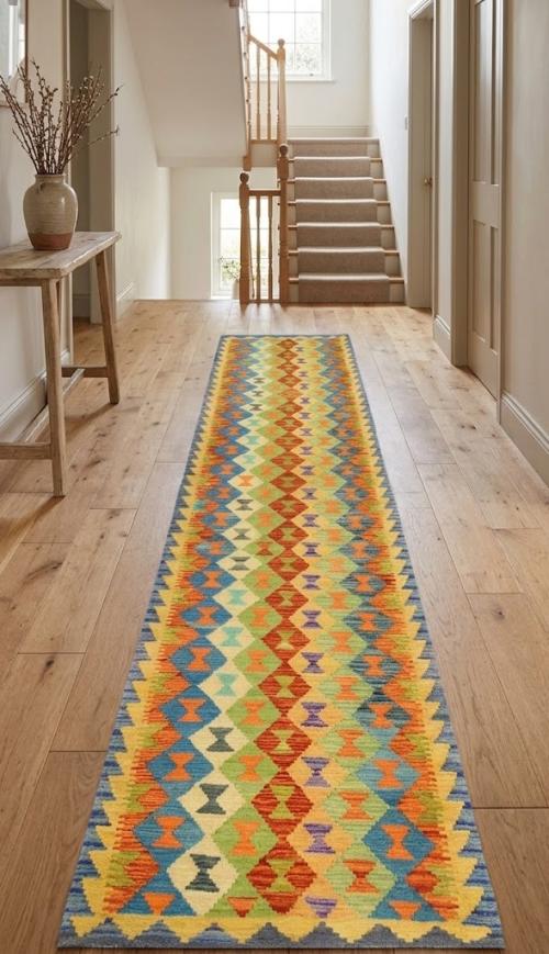 2'8 X 12'7 Multicolored Geometric Kilim Wool Runner Rug
