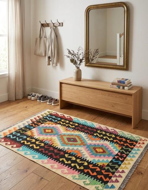3'7 X 4'11 Hand Woven Kilim Multicolored Oriental Wool Rug