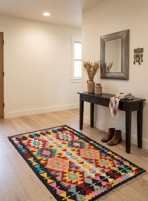 3'4 X 4'11 Reversible Kilim Hand Woven Multicolored Wool Rug