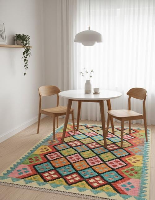 4'2 X 5'11 Kilim Hand-Woven Multicolored Oriental Wool Rug