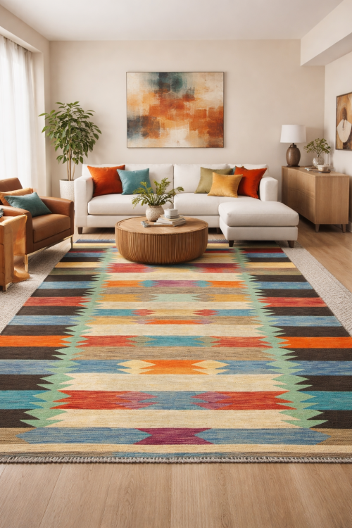 6'6 X 9'10 Multicolored Geometric Reversible Kilim Wool Rug