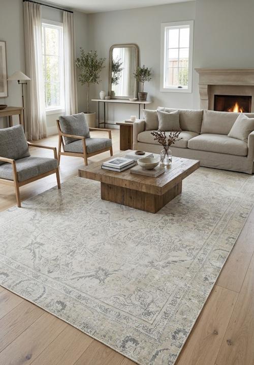 Antique Muted Beige Floral 6X10 Distressed Vintage Oriental Rug