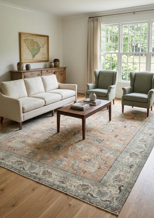 Semi Antique Muted Light Peach Floral 8X11 Distressed Vintage Oriental Rug