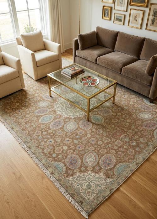 Semi Antique Muted Khaki Floral 7X10 Distressed Vintage Oriental Rug