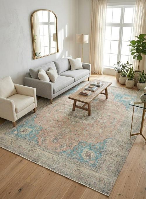 Semi Antique Muted Light Salmon Floral 9X12 Distressed Vintage Oriental Rug