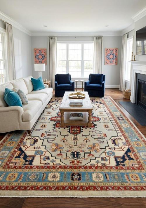 Cream Geometric Tribal 10X14 Heriz Serapi Oriental Rug