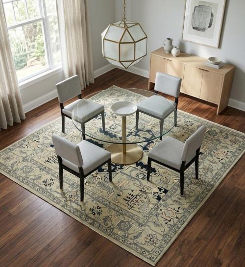 Greige Tribal Geometric 8X8 Heriz Serapi Oriental Square Rug