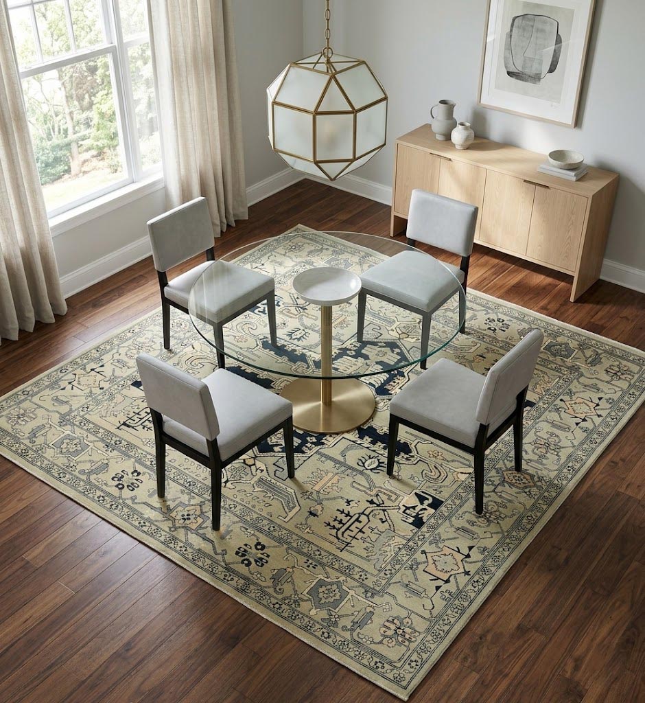Greige Tribal Geometric 8X8 Heriz Serapi Oriental Square Rug - Image 2