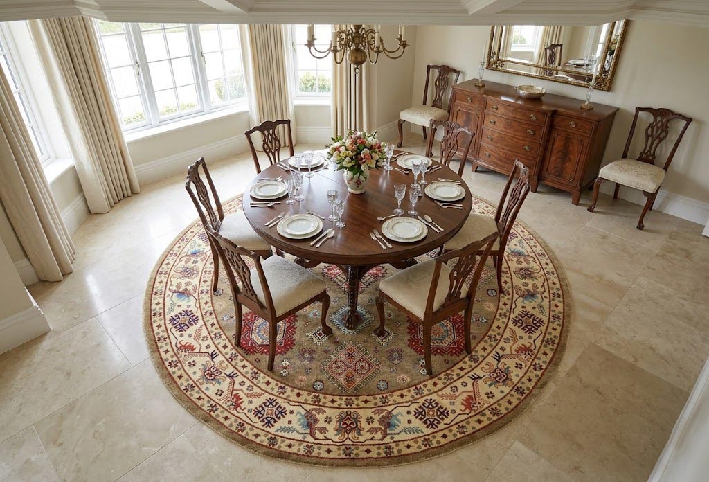 Khaki Geometric Tribal 9X9 Kazak Oriental Round Rug - Image 2