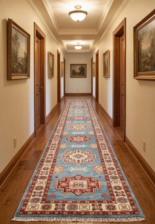 Blue Tribal Geometric 3X16 Kazak Oriental Runner Rug