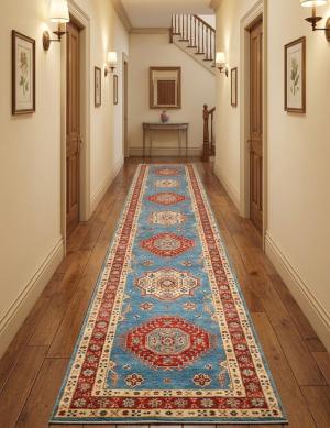 Blue Tribal Geometric 3X14 Kazak Oriental Runner Rug