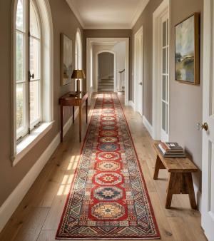 Red Geometric 2'8X13'5 Kazak Oriental Runner Rug