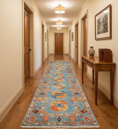 Blue Tribal Geometric 3X9 Turkoman-Kazak Oriental Runner Rug