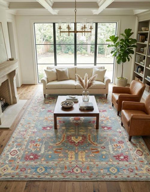 Muted Light Blue Floral 8X10 Transitional Oushak Oriental Rug