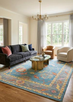 Muted Blue Floral Transitional 10X14 Oushak Oriental Rug
