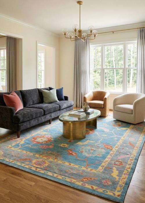 Muted Blue Floral Transitional 10X14 Oushak Oriental Rug