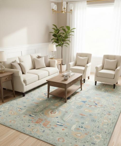 Muted Blue-gray Floral 9X12 Oushak Oriental Rug