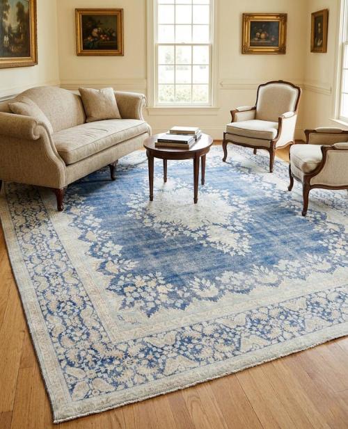 Antique Muted Blue Floral 10X12 Distressed Vintage Oriental Rug