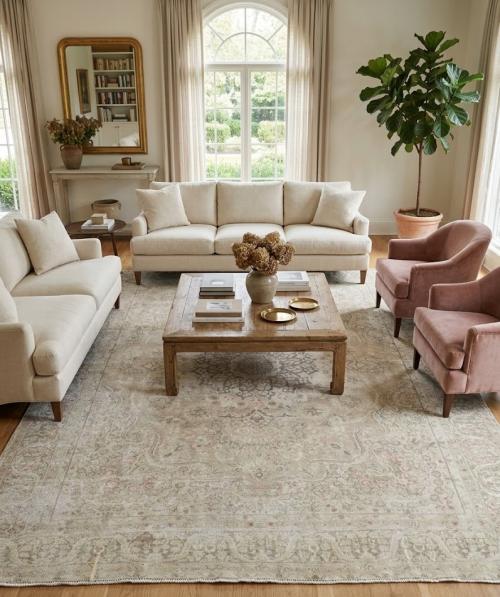 8'4 x 10'7 Hand Knotted Muted Beige Floral Distressed Wool Rug