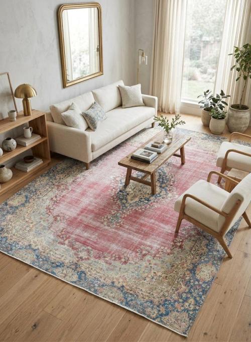 Antique Muted Red Floral 9X12 Distressed Vintage Oriental Rug