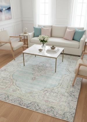 Muted Light Blue Floral 8X11 Distressed Vintage Oriental Rug