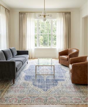 Muted Navy Blue Floral 7X9 Distressed Vintage Oriental Rug