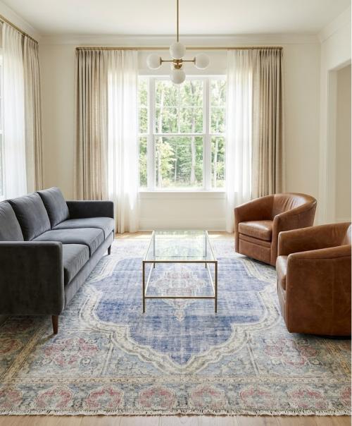 Muted Navy Blue Floral 7X9 Distressed Vintage Oriental Rug