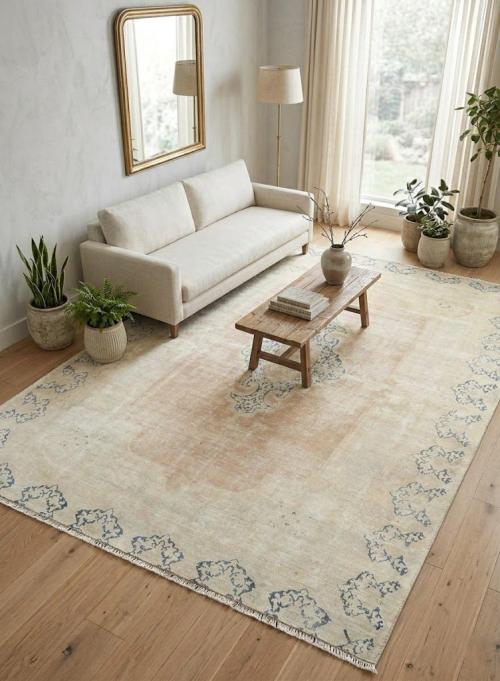 Muted Beige Floral 6X8 Distressed Vintage Oriental Rug