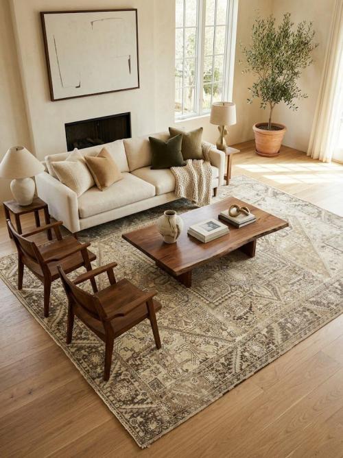 Muted Beige Floral 10X13 Distressed Vintage Oriental Rug