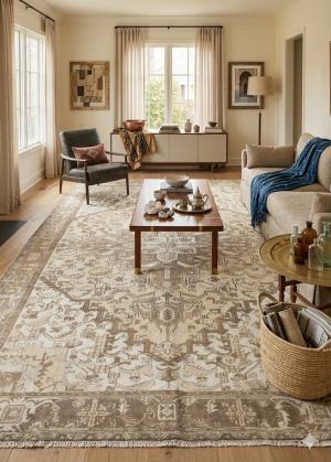 7'11 X 11'2 Distressed Hand Knotted Muted Beige Wool Rug
