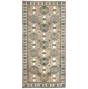 Semi Antique Muted Geometric 4'7X9'5 Distressed Vintage Oriental Rug