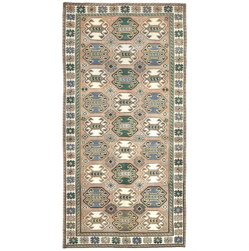 Semi Antique Muted Geometric 4'7X9'5 Distressed Vintage Oriental Rug