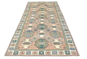 Semi Antique Muted Geometric 4'7X9'5 Distressed Vintage Oriental Rug
