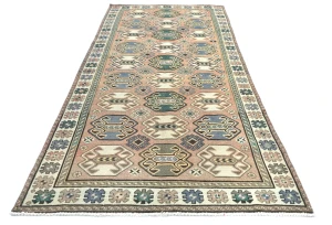 Semi Antique Muted Geometric 4'7X9'5 Distressed Vintage Oriental Rug