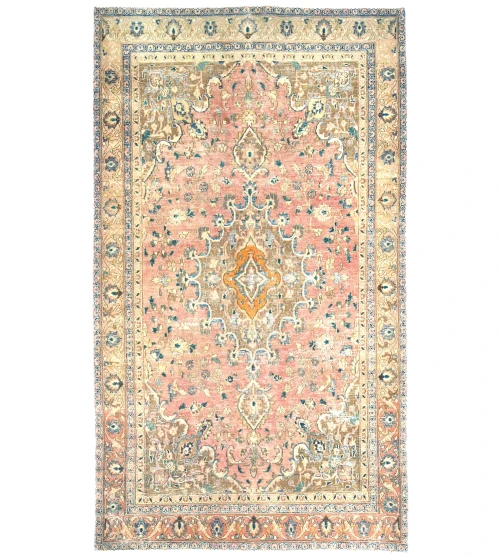 Antique Muted Coral Red Floral 5X8 Distressed Vintage Oriental Rug