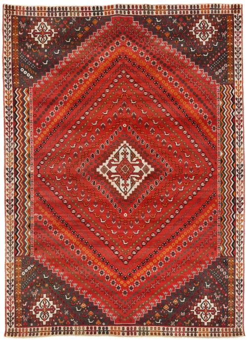 Vintage Scarlet Red Tribal Geometric 7x10 Shiraz Persian Rug