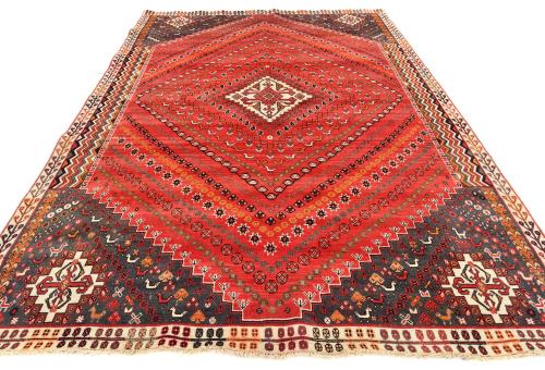 Vintage Scarlet Red Tribal Geometric 7x10 Shiraz Persian Rug