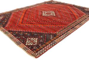 Vintage Scarlet Red Tribal Geometric 7x10 Shiraz Persian Rug