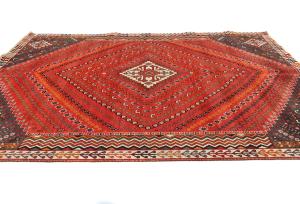 Vintage Scarlet Red Tribal Geometric 7x10 Shiraz Persian Rug