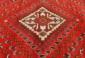 Vintage Scarlet Red Tribal Geometric 7x10 Shiraz Persian Rug