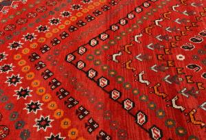 Vintage Scarlet Red Tribal Geometric 7x10 Shiraz Persian Rug