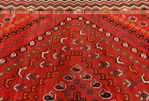 Vintage Scarlet Red Tribal Geometric 7x10 Shiraz Persian Rug