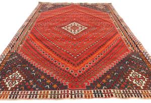 Vintage Scarlet Red Tribal Geometric 7x10 Shiraz Persian Rug