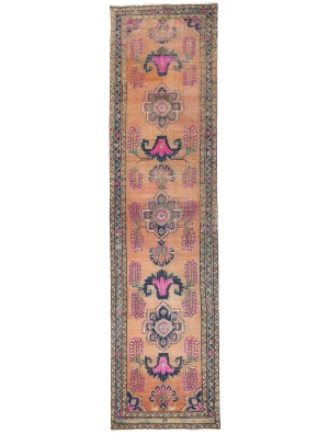 Vintage Muted Salmon Tribal 3'6X14'8 Meshkin Persian Runner Rug