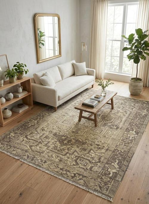 7'8 x 10'8 Hand Knotted Muted Beige Semi Antique Wool Rug