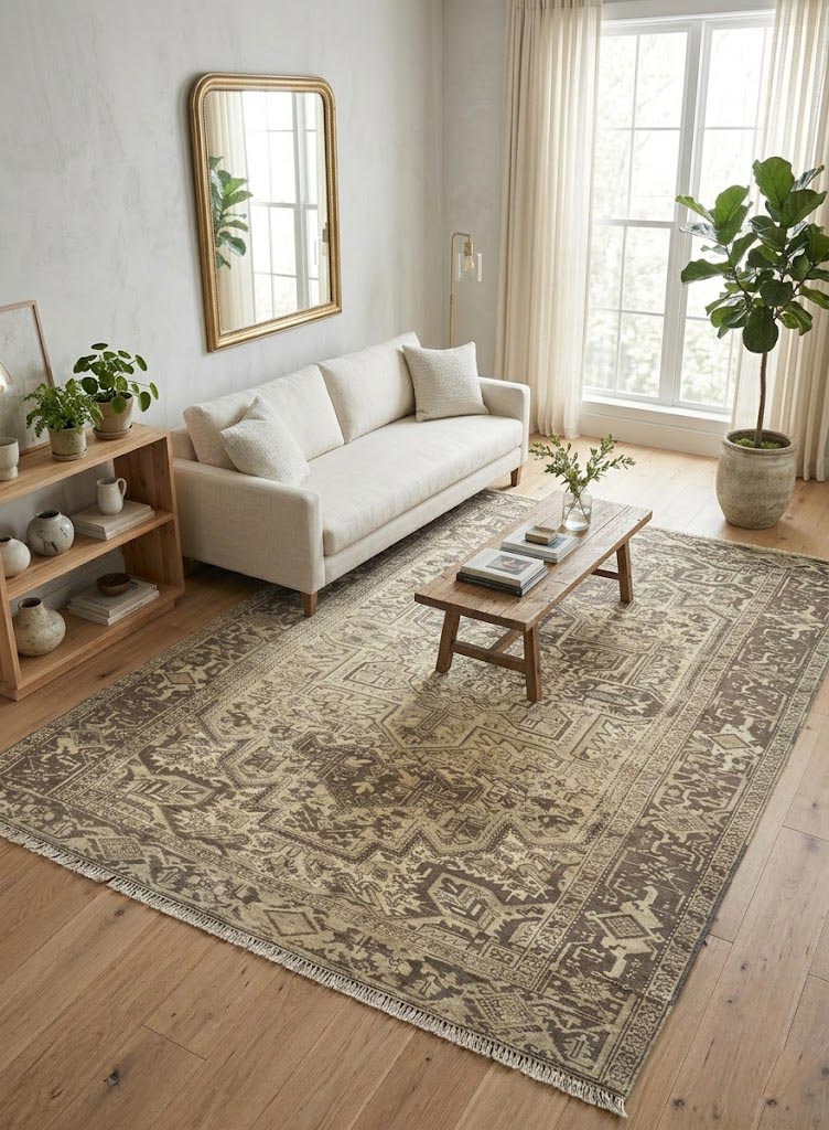 7'8 x 10'8 Hand Knotted Muted Beige Semi Antique Wool Rug - Image 2