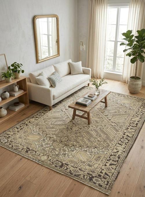 Semi Antique Muted Beige Floral 7X10 Distressed Vintage Oriental Rug