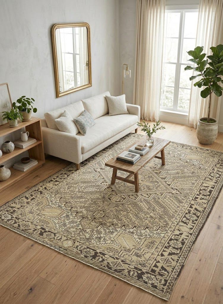 Semi Antique Muted Beige Floral 7X10 Distressed Vintage Oriental Rug - Image 2