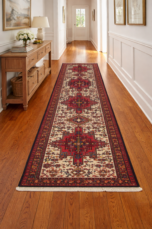 Vintage Cream Geometric 2X9 Karajeh Persian Runner Rug