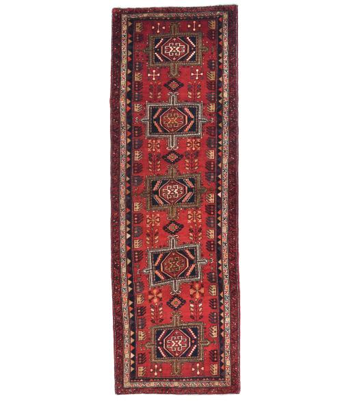 Vintage Red Tribal 4X10 Heriz Persian Runner Rug